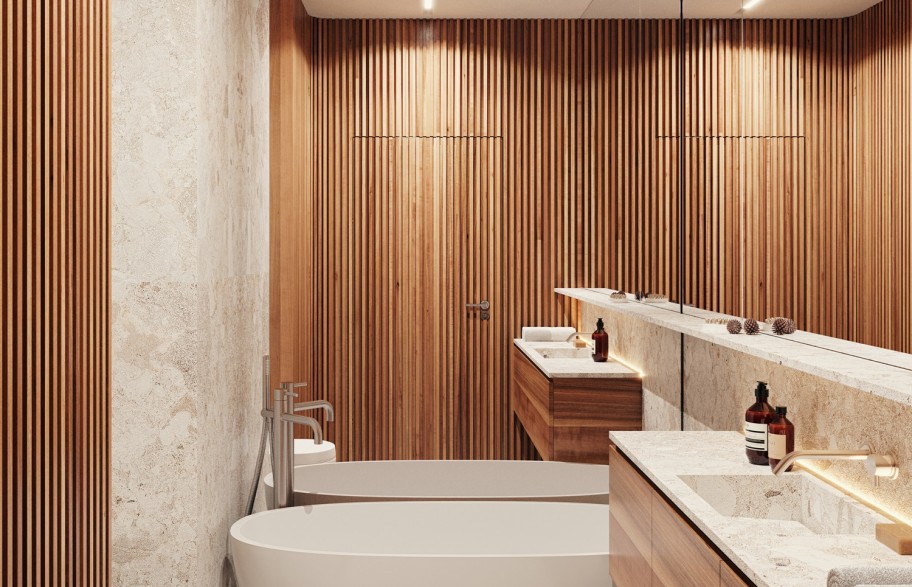 Sample arrangement of a 69 m2 apartment | bathroom with bathtub