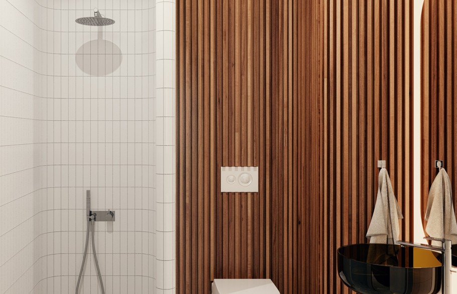 Przykładowa aranżacja mieszkania 69 m2 |łazienka z prysznicem