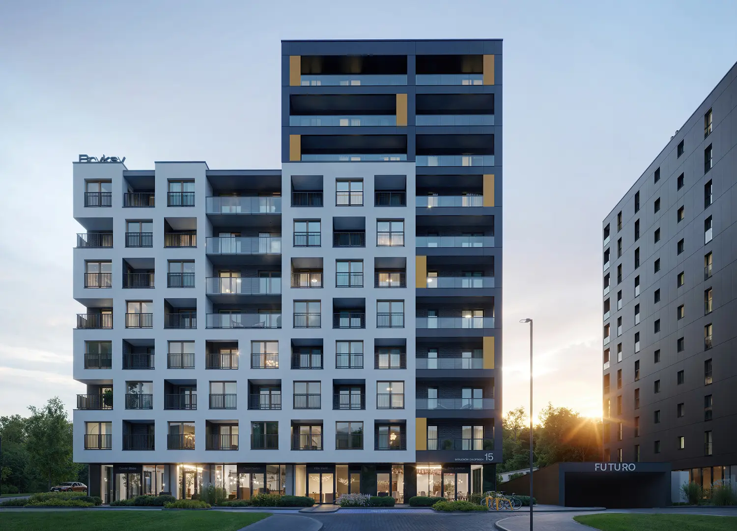 Elewacja wschodnia Futuro Rzeszów aleja Batalionów Chłopskich Bryksy nowe mieszkania